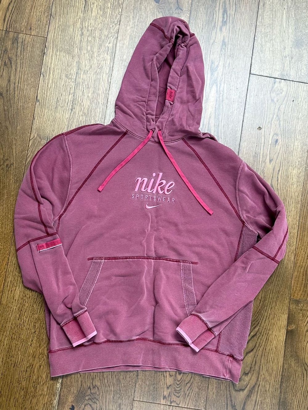 NIKE Sportswear Hoodie Sweatshirt Men’s Large Red Burgundy Washed Color